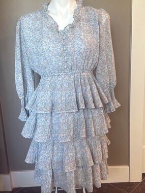 Ruffled Tiered Midi Dress - Light Blue Floral